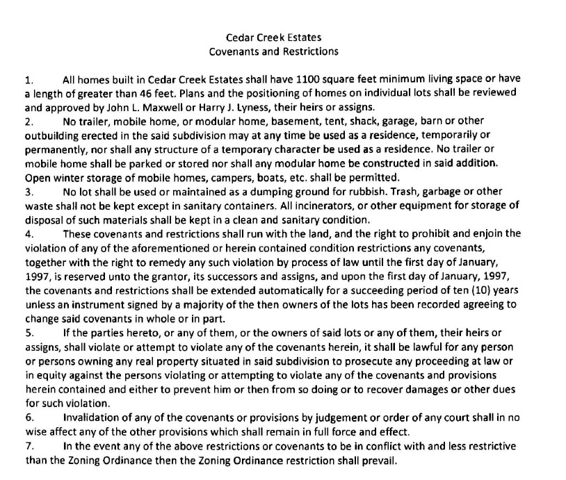 Cedar Creek Covenants and Restrictions
