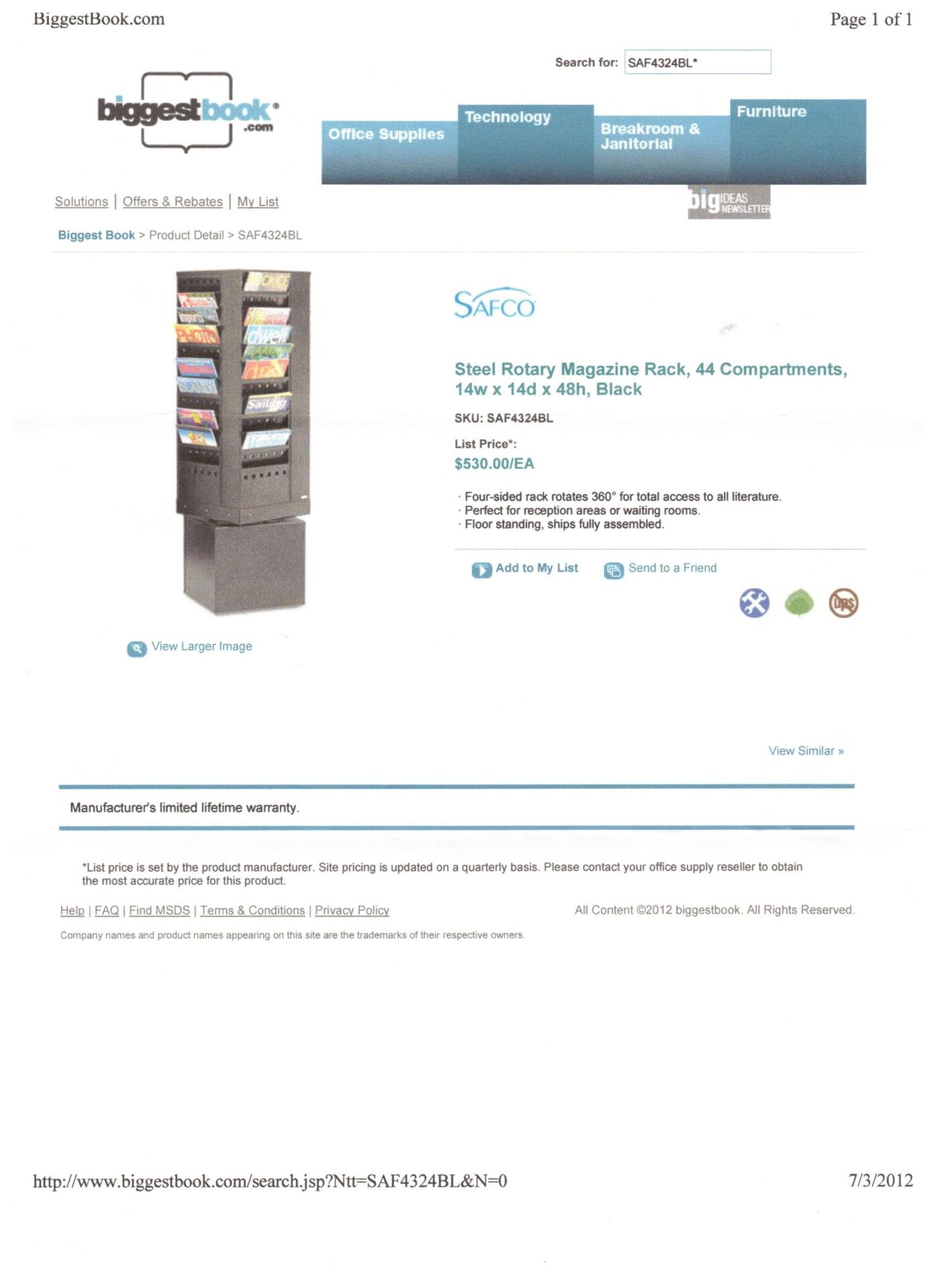 MAGAZINE RACK SAFCO 2012 RECEIPT